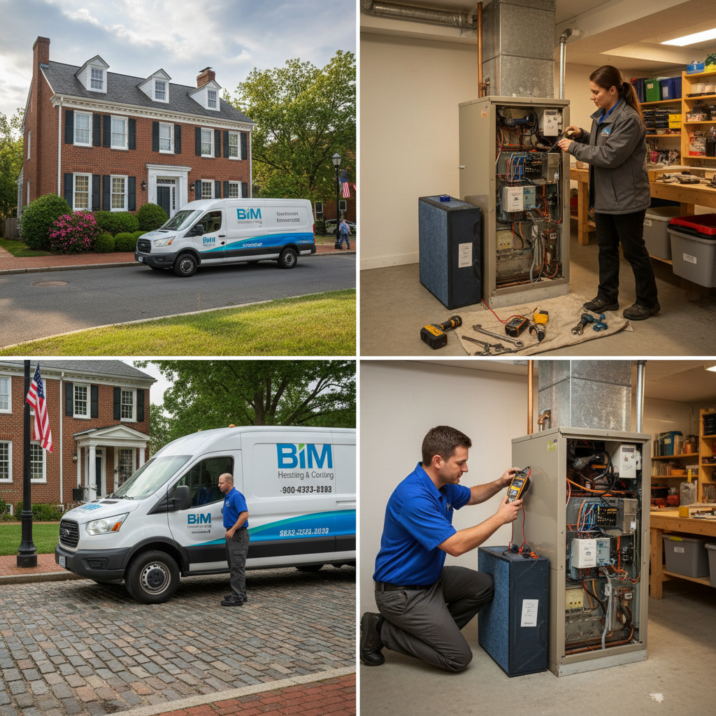 HVAC technician from BIM Heating and Cooling installing a new air conditioning unit in a Fredericksburg, Virginia home.