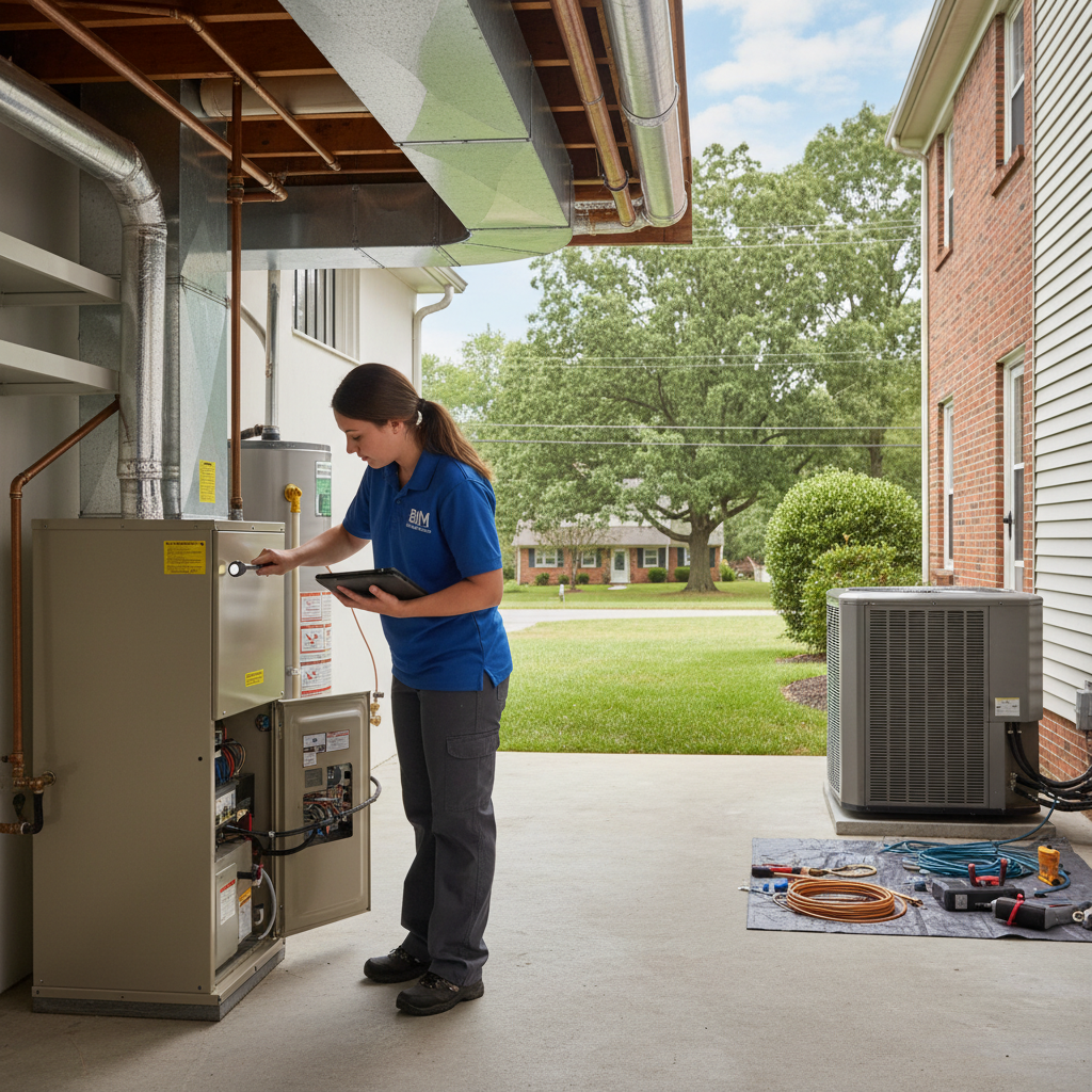 HVAC technician from BIM Heating and Cooling installing a new air conditioning unit in a Fredericksburg, VA home.