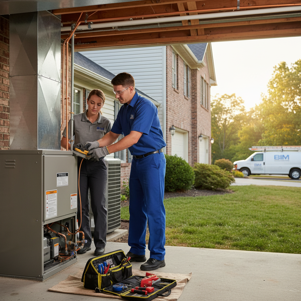 HVAC technician from BIM Heating and Cooling installing a new air conditioner unit in a Fredericksburg, Virginia home.