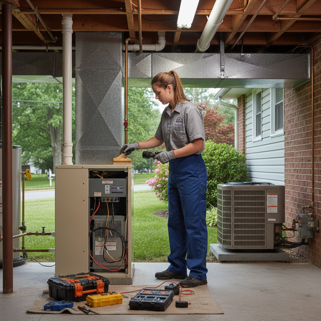HVAC technician from BIM Heating and Cooling installing a new air conditioning unit in a Fredericksburg, VA home.