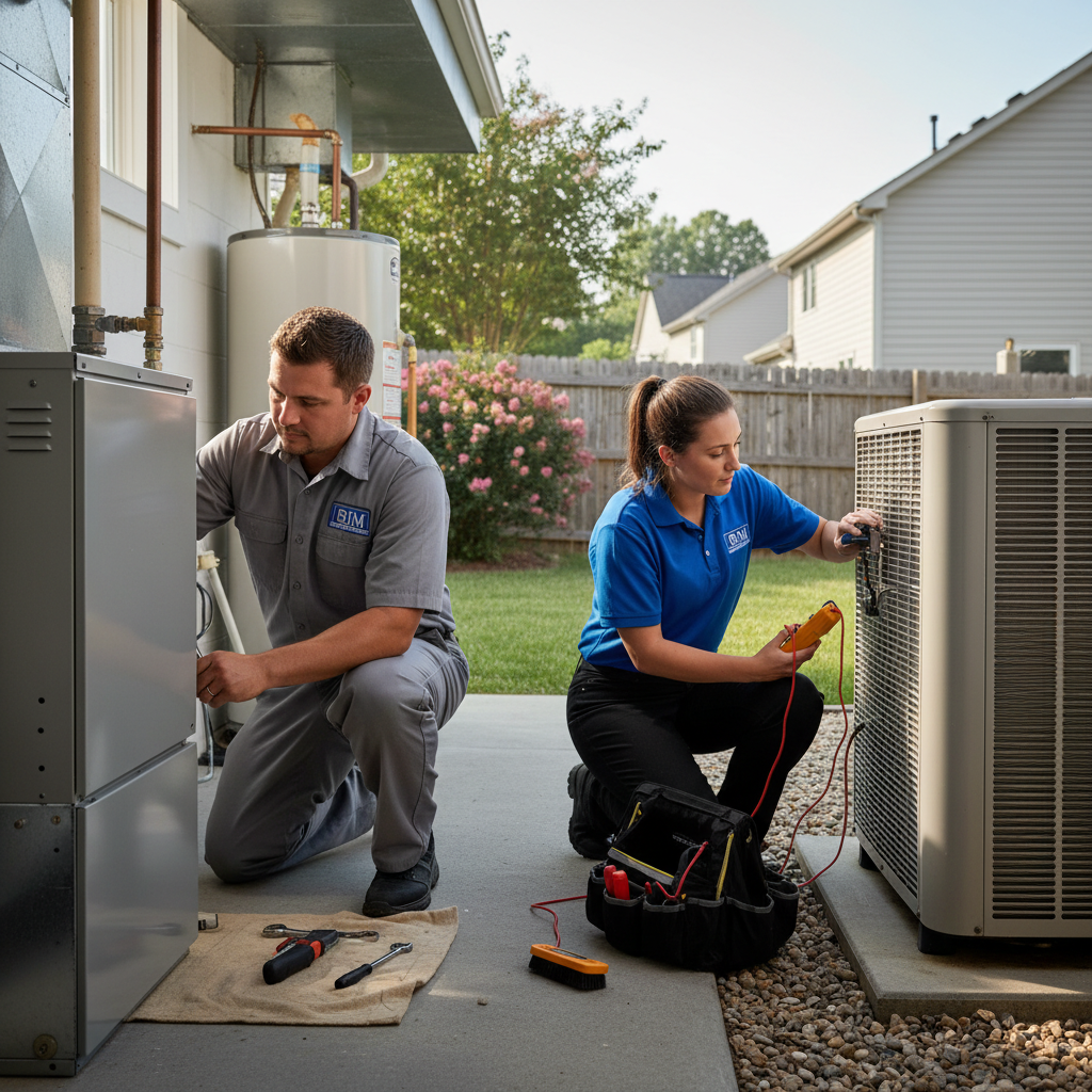 HVAC technician from BIM Heating and Cooling installing a new furnace in a Fredericksburg, Virginia home.