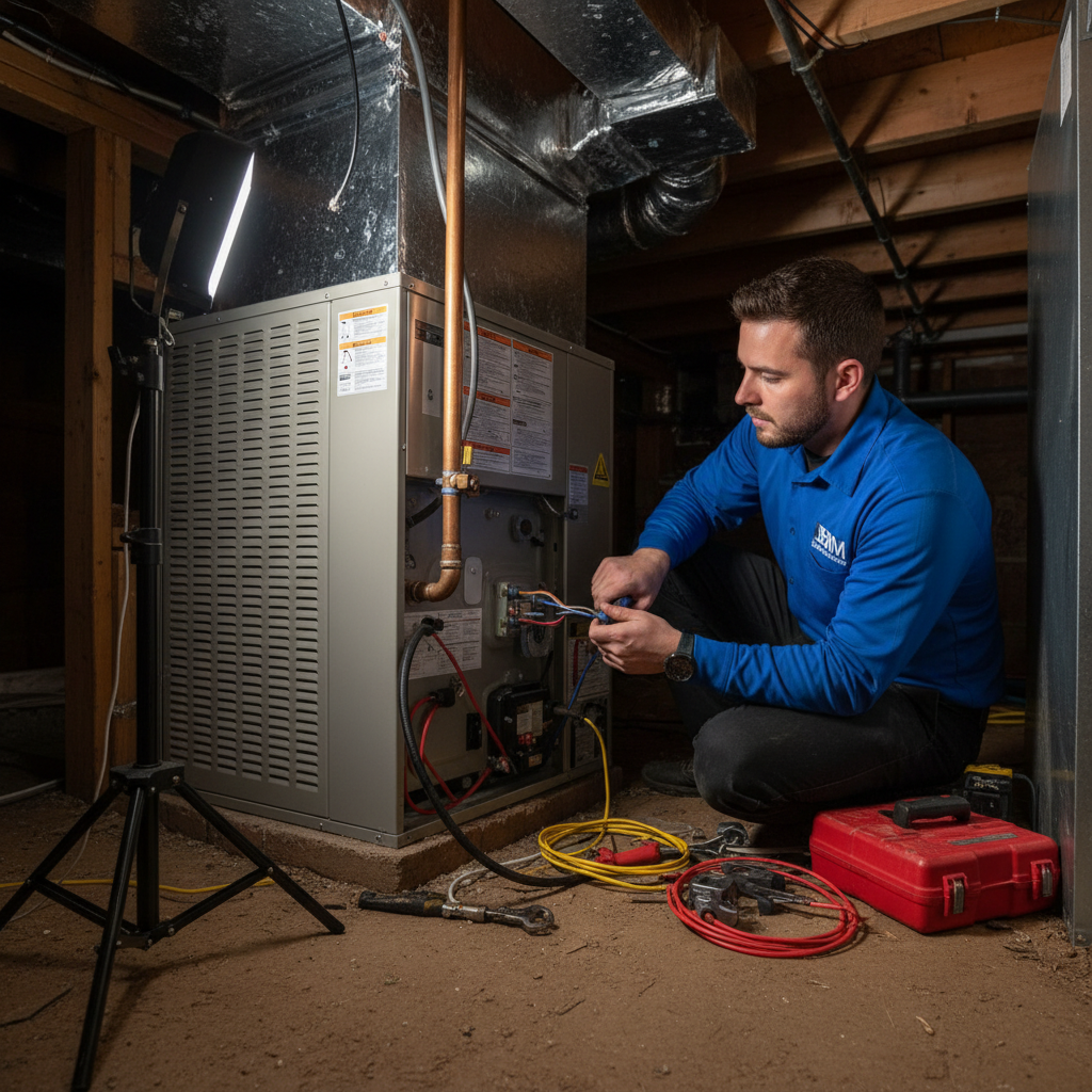 HVAC technician from BIM Heating and Cooling installing a new furnace in a Fredericksburg, VA home.