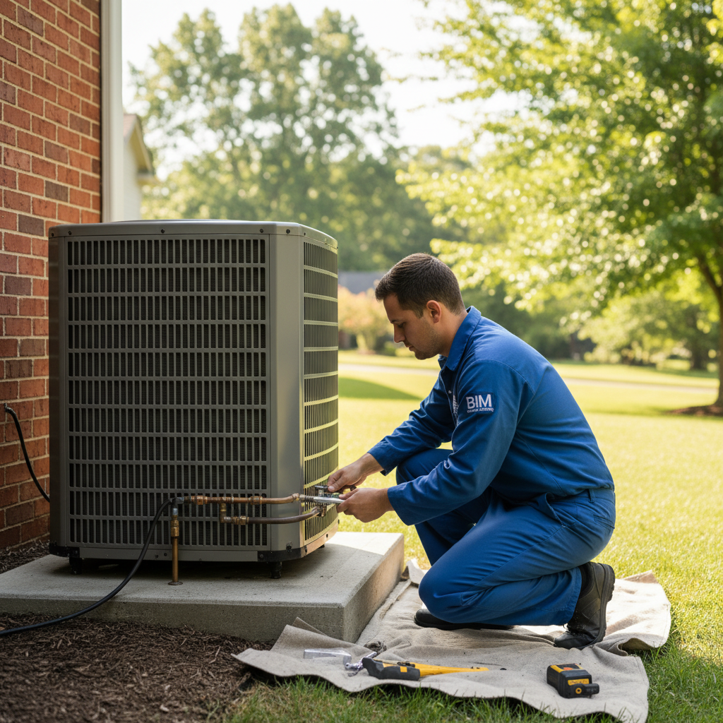 HVAC technician from BIM Heating and Cooling installing a new air conditioner in a Fredericksburg, Virginia home.