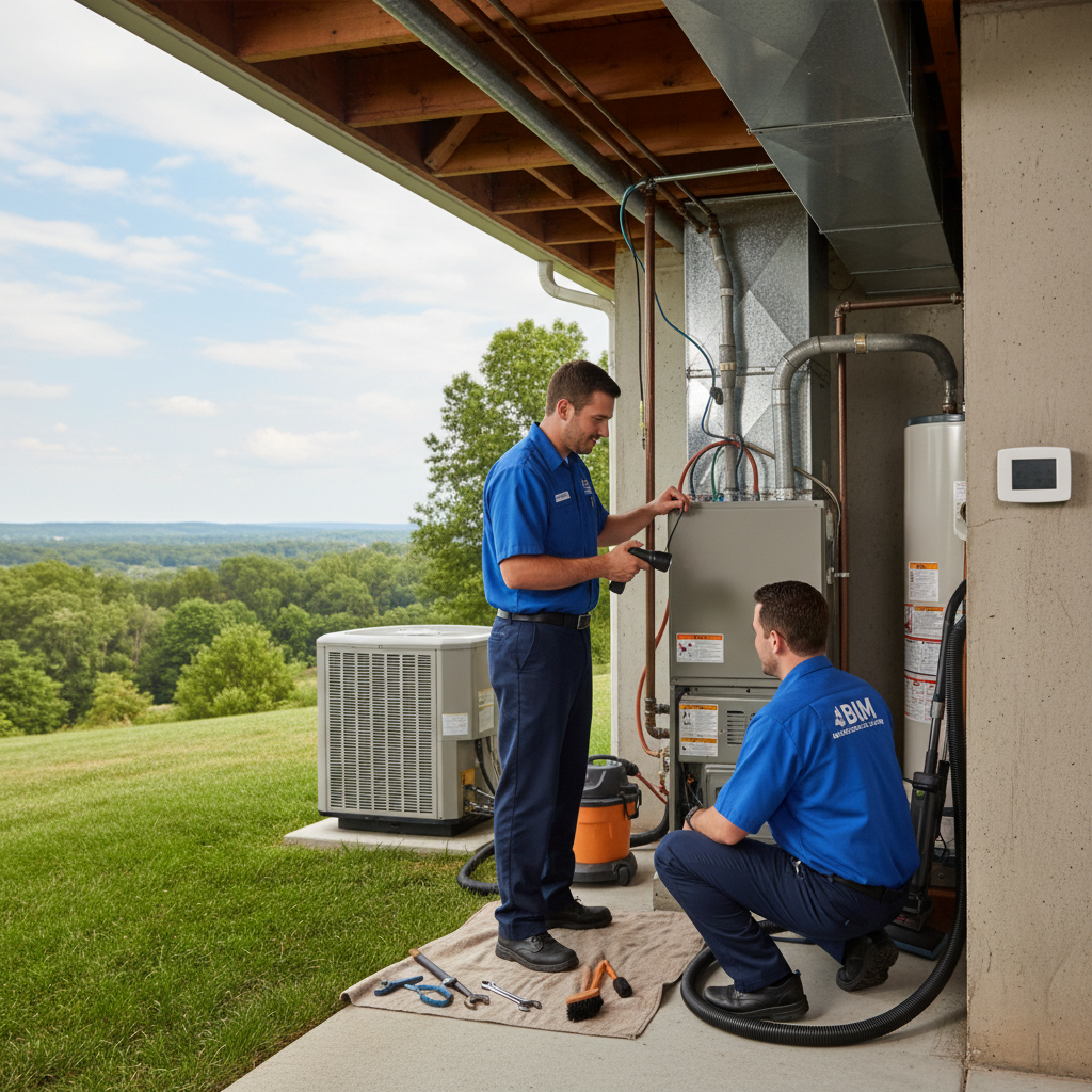 HVAC technician from BIM Heating and Cooling installing a new air conditioner in a Fredericksburg, Virginia home.
