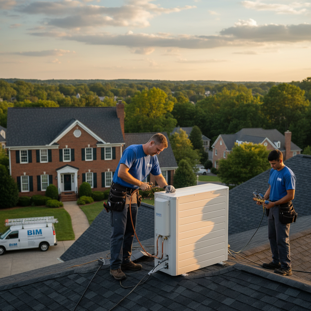 HVAC technician from BIM Heating and Cooling installing a new air conditioner in Fredericksburg, VA.