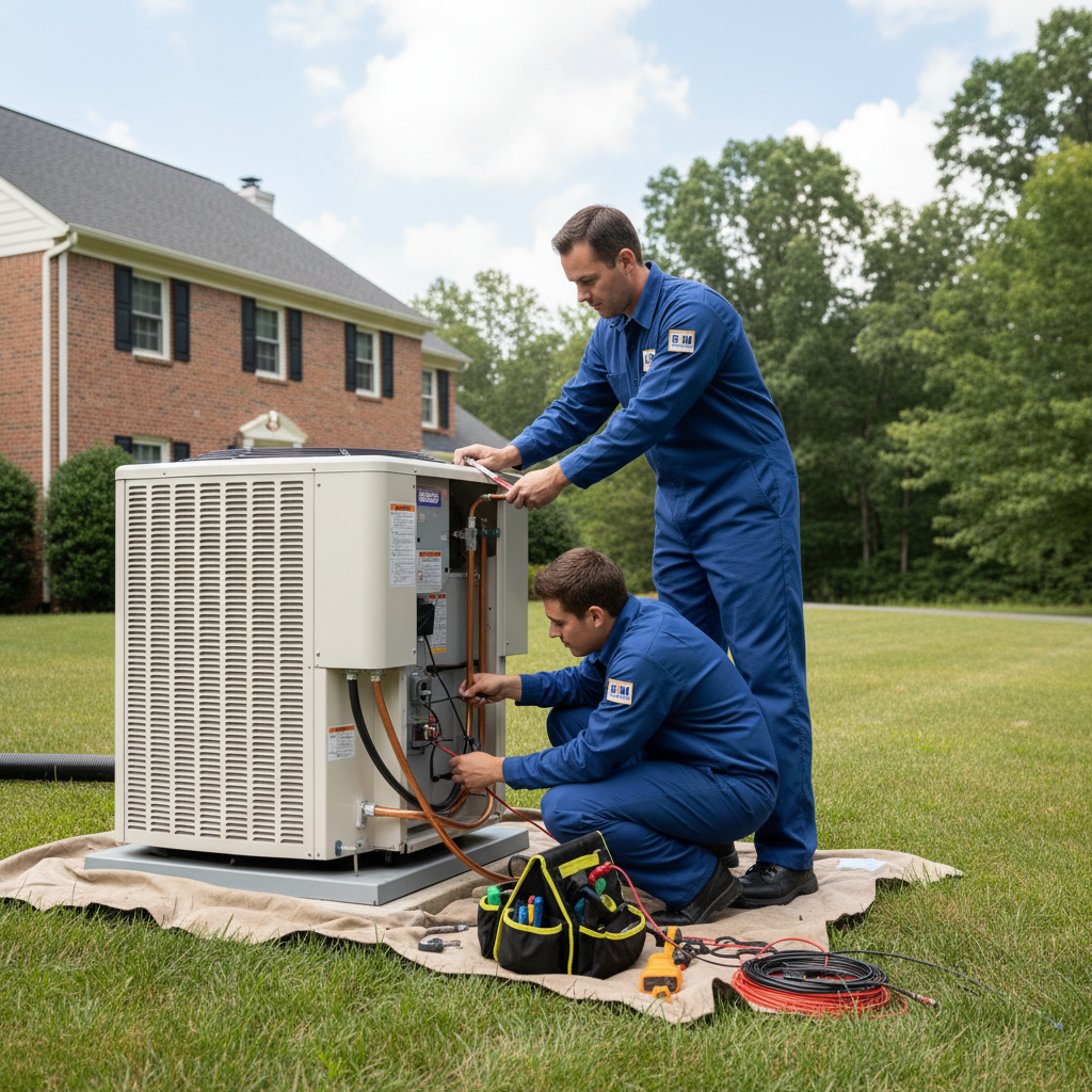 HVAC technician from BIM Heating and Cooling installing an air conditioning unit outside a home in Fredericksburg, VA.