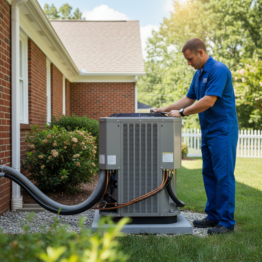 HVAC technician from BIM Heating and Cooling installing an outdoor AC unit in Fredericksburg, VA.