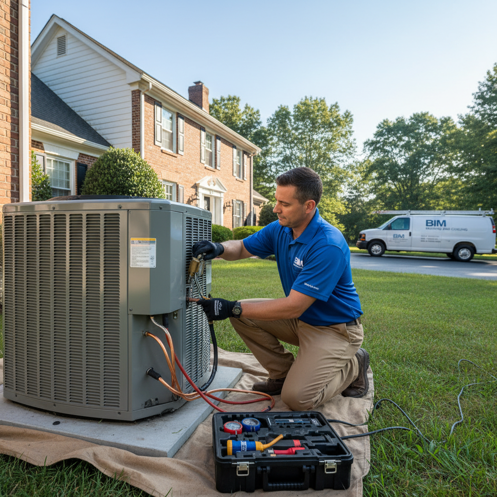HVAC technician from BIM Heating and Cooling installing an outdoor AC unit in Fredericksburg, VA.