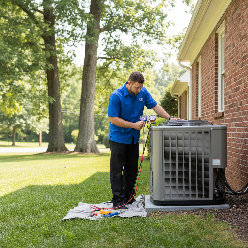 HVAC technician from BIM Heating and Cooling performing AC maintenance in Fredericksburg, VA.