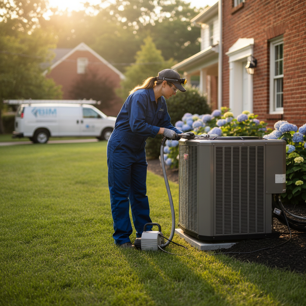 HVAC technician from BIM Heating and Cooling performing AC maintenance in Fredericksburg, VA.