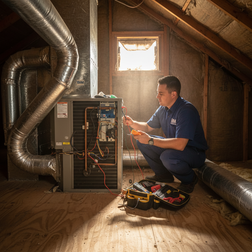 HVAC technician from BIM Heating and Cooling performing AC repair in a Stafford County, Virginia residence.
