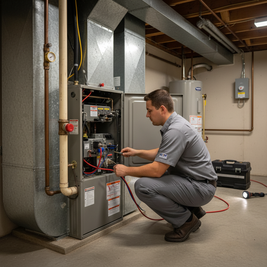 HVAC technician from BIM Heating and Cooling performing maintenance on a furnace in a Virginia home near Fredericksburg.