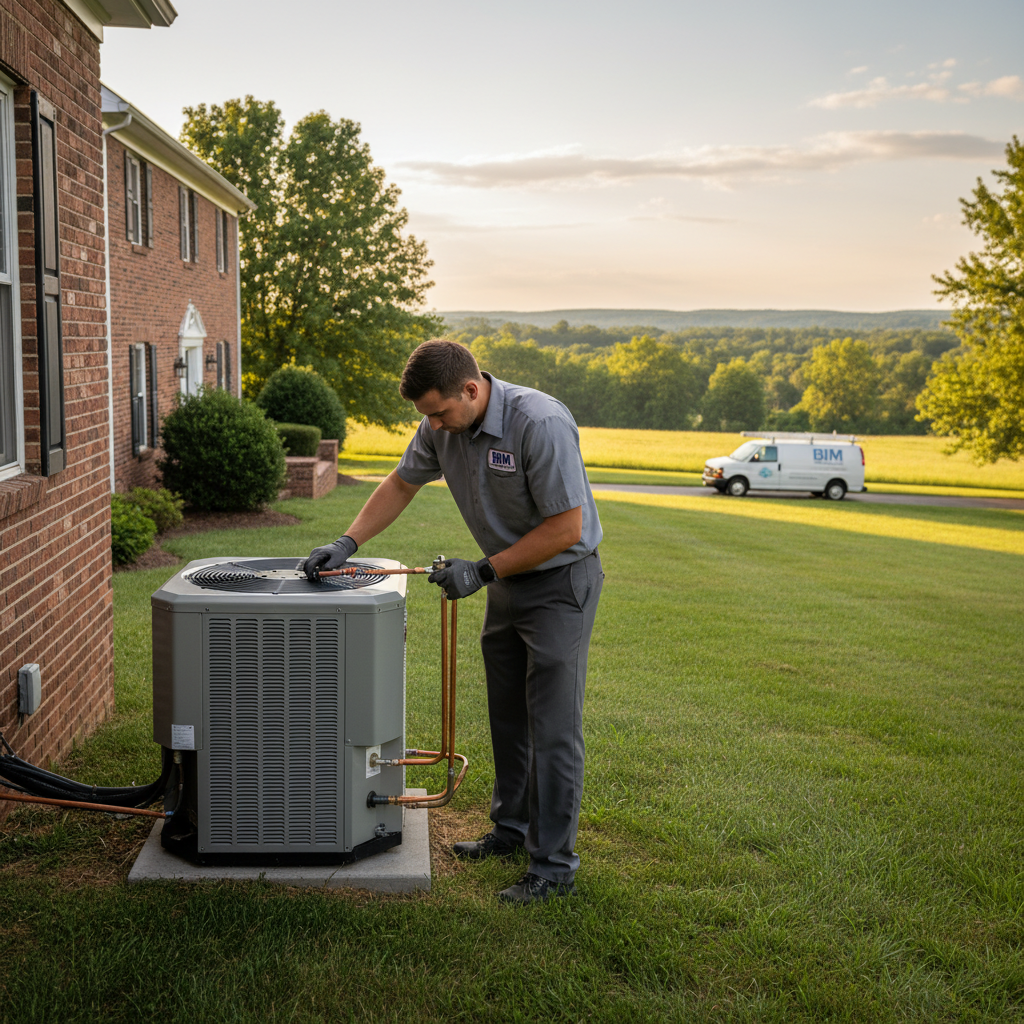 HVAC technician installing a new air conditioning unit for a home in Fredericksburg, Virginia.
