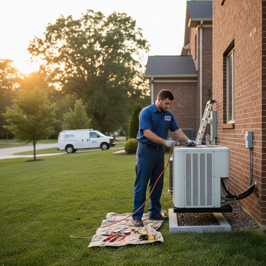 HVAC technician installing a new air conditioning unit in a Fredericksburg, Virginia home.