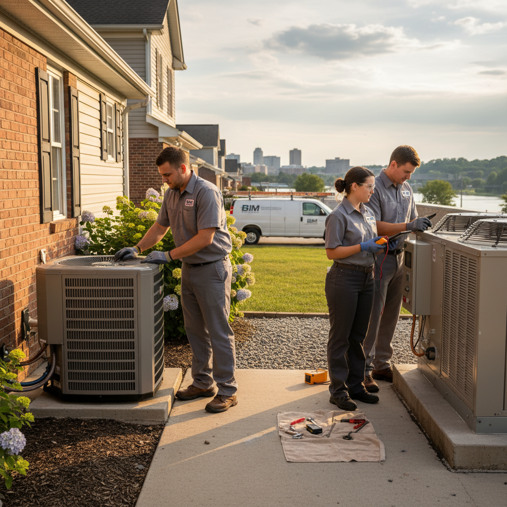 HVAC technician installing a new air conditioning unit in a Fredericksburg, Virginia home.