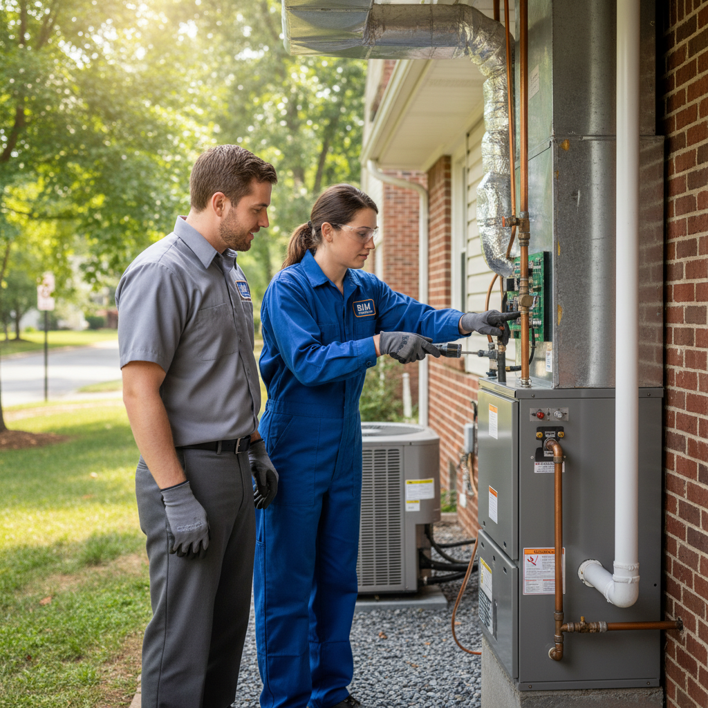 HVAC technician installing a new air conditioning unit in a Fredericksburg, Virginia home.