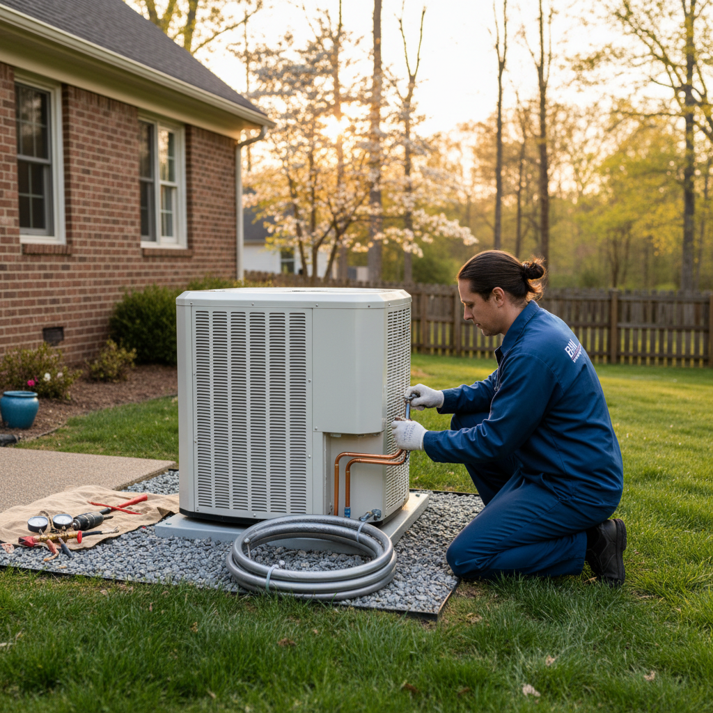 HVAC technician installing a new air conditioning unit outside a home in Stafford County, Virginia.