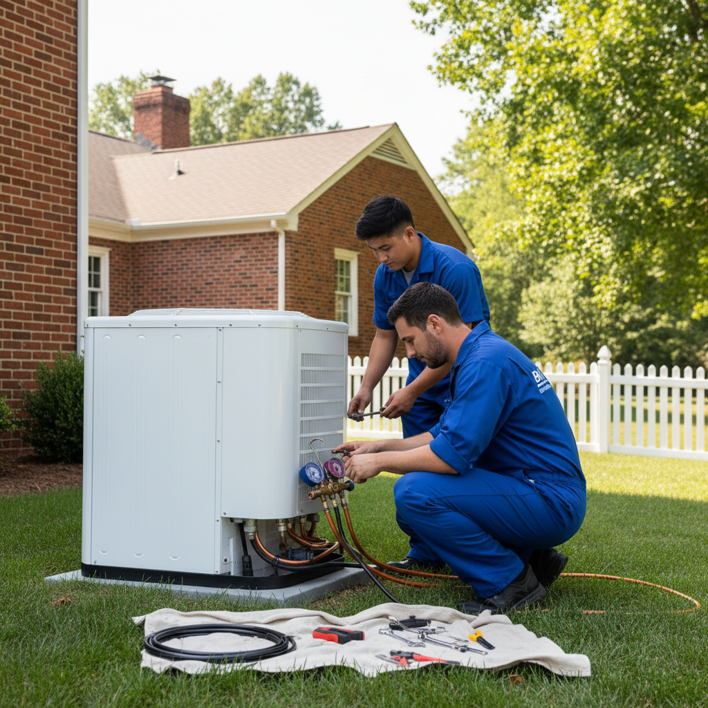 HVAC technician installing a new air conditioning unit outside a Fredericksburg, Virginia residence.