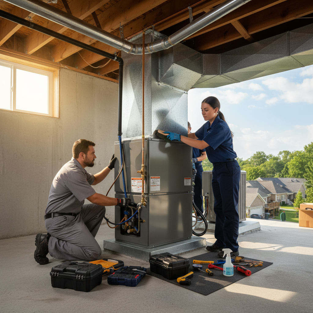 HVAC technician installing a new furnace for a Fredericksburg and surrounding Virginia counties home.