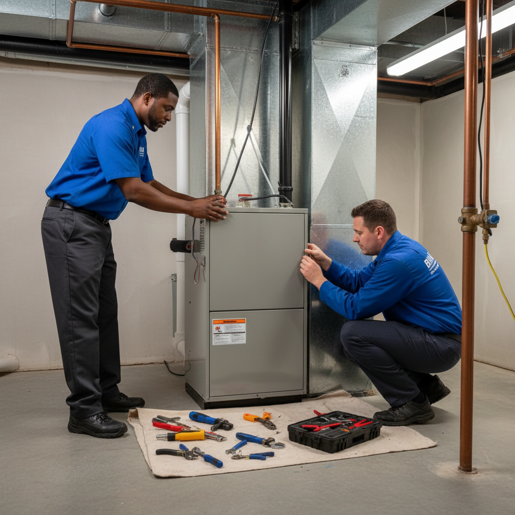 HVAC technician installing a new furnace indoors for a home in Fredericksburg, Virginia.