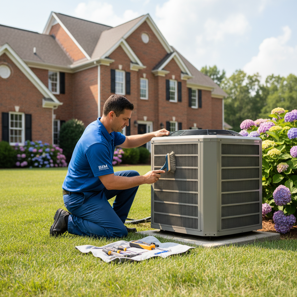 HVAC technician performing AC unit maintenance outside a home in Fredericksburg, Virginia.