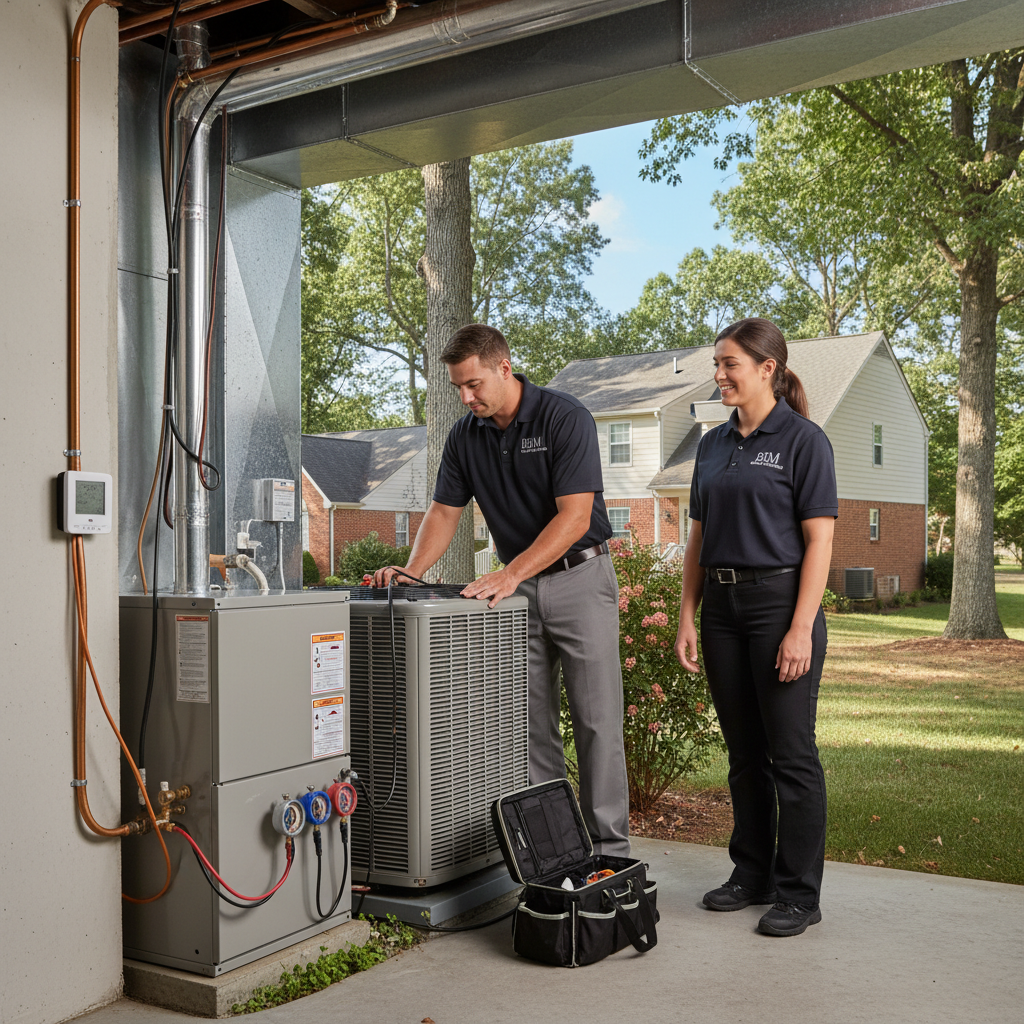 HVAC technician servicing an outdoor air conditioning unit in a residential backyard, Fredericksburg, Virginia.