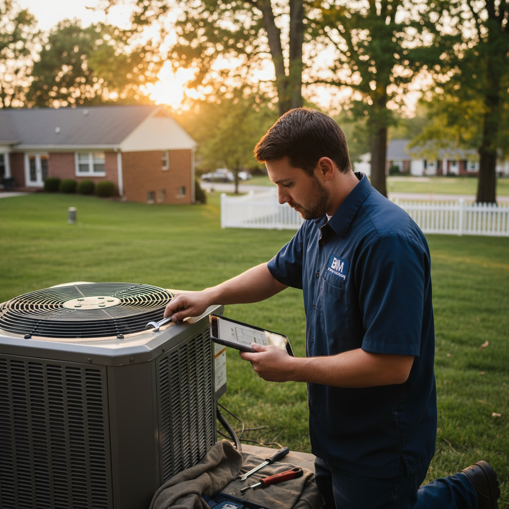 HVAC technician servicing an outdoor air conditioning unit in a residential Fredericksburg, Virginia neighborhood.