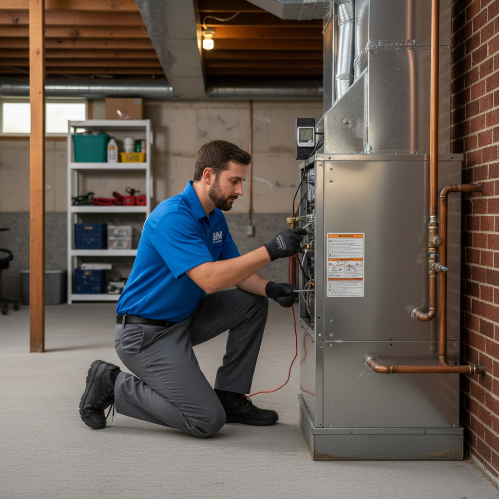 HVAC technician working on a furnace in a Fredericksburg, Virginia home.