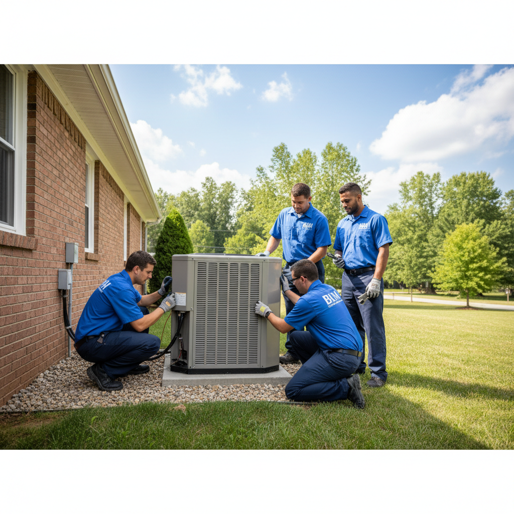 HVAC technicians from BIM Heating and Cooling installing an outdoor unit in Fredericksburg, Virginia.