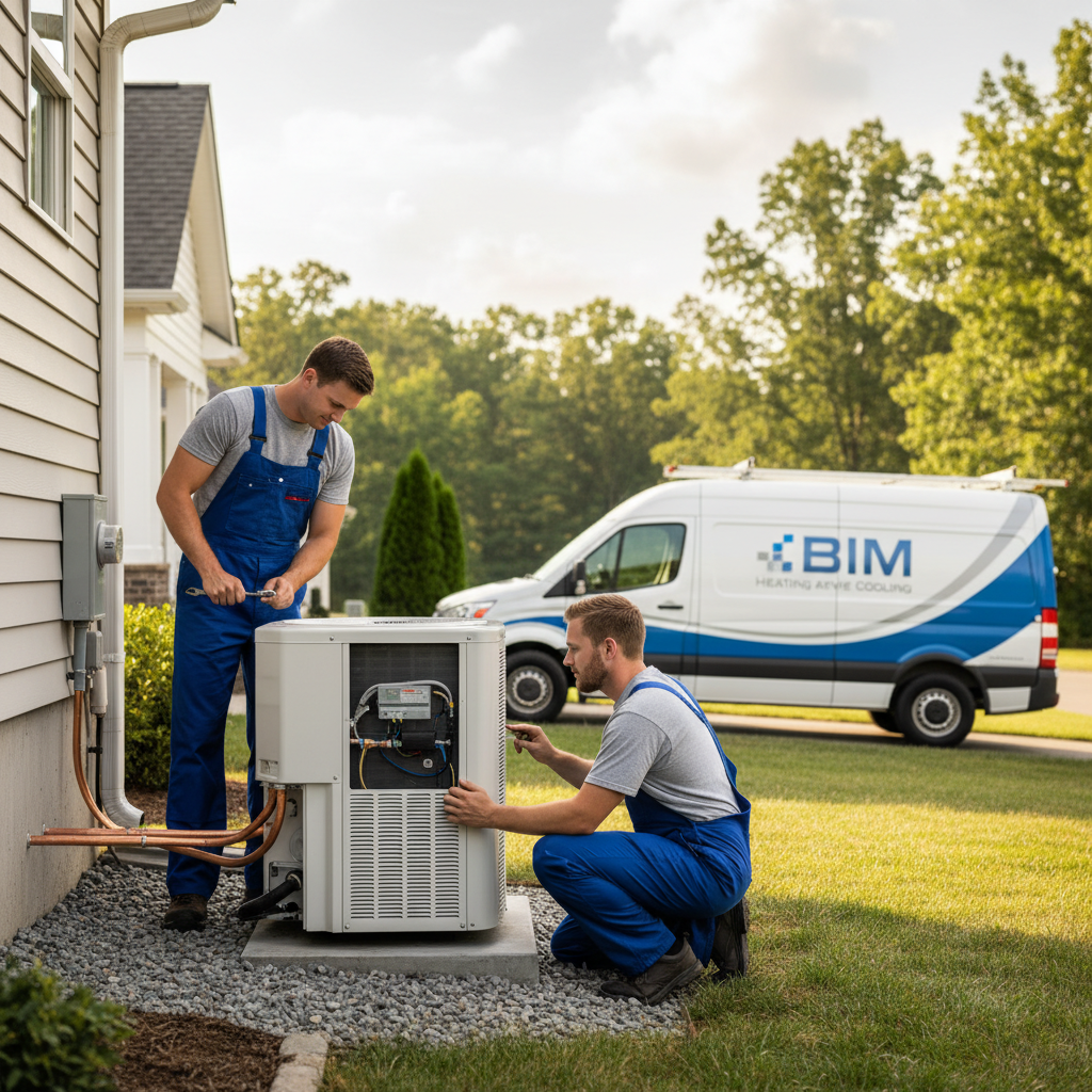 HVAC technicians from BIM Heating and Cooling installing an outdoor unit in Fredericksburg, VA.