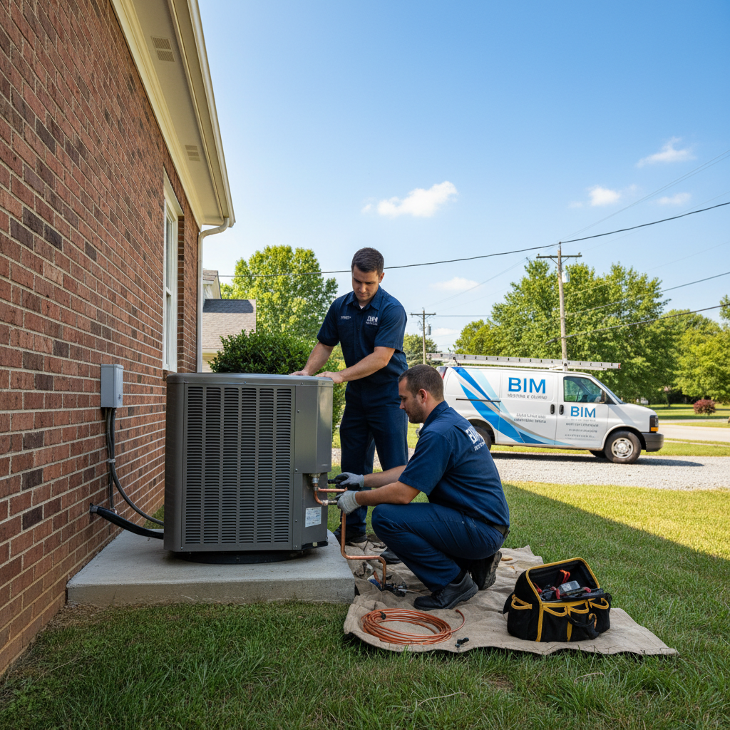 HVAC technicians from BIM Heating and Cooling installing an air conditioning unit in Fredericksburg, VA.