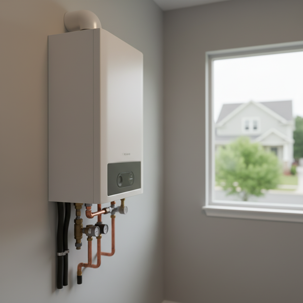 Modern boiler installation in a clean utility room within a Fredericksburg, VA neighborhood home.