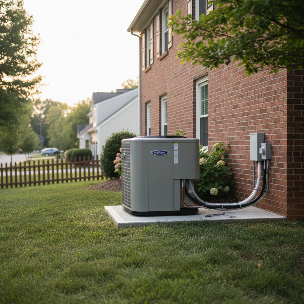 Newly installed AC replacement unit in a residential backyard in a Fredericksburg, VA neighborhood.