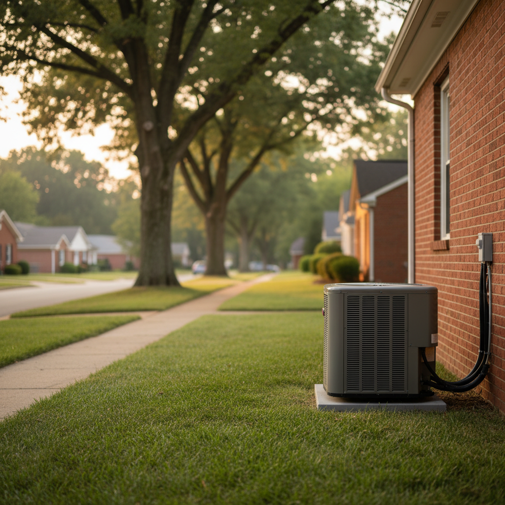 Newly installed AC unit in a quiet Fredericksburg, VA neighborhood, ready to provide cooling comfort.