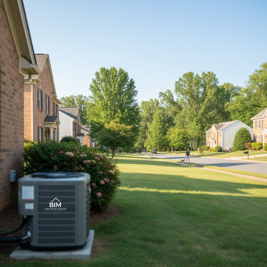 Newly installed central air conditioning unit in a suburban Fredericksburg, VA backyard with soft lighting.