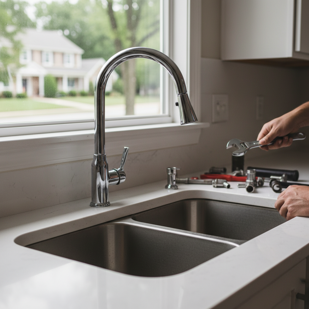 Plumber working on a faucet repair with tools on a kitchen counter in Fredericksburg, VA.
