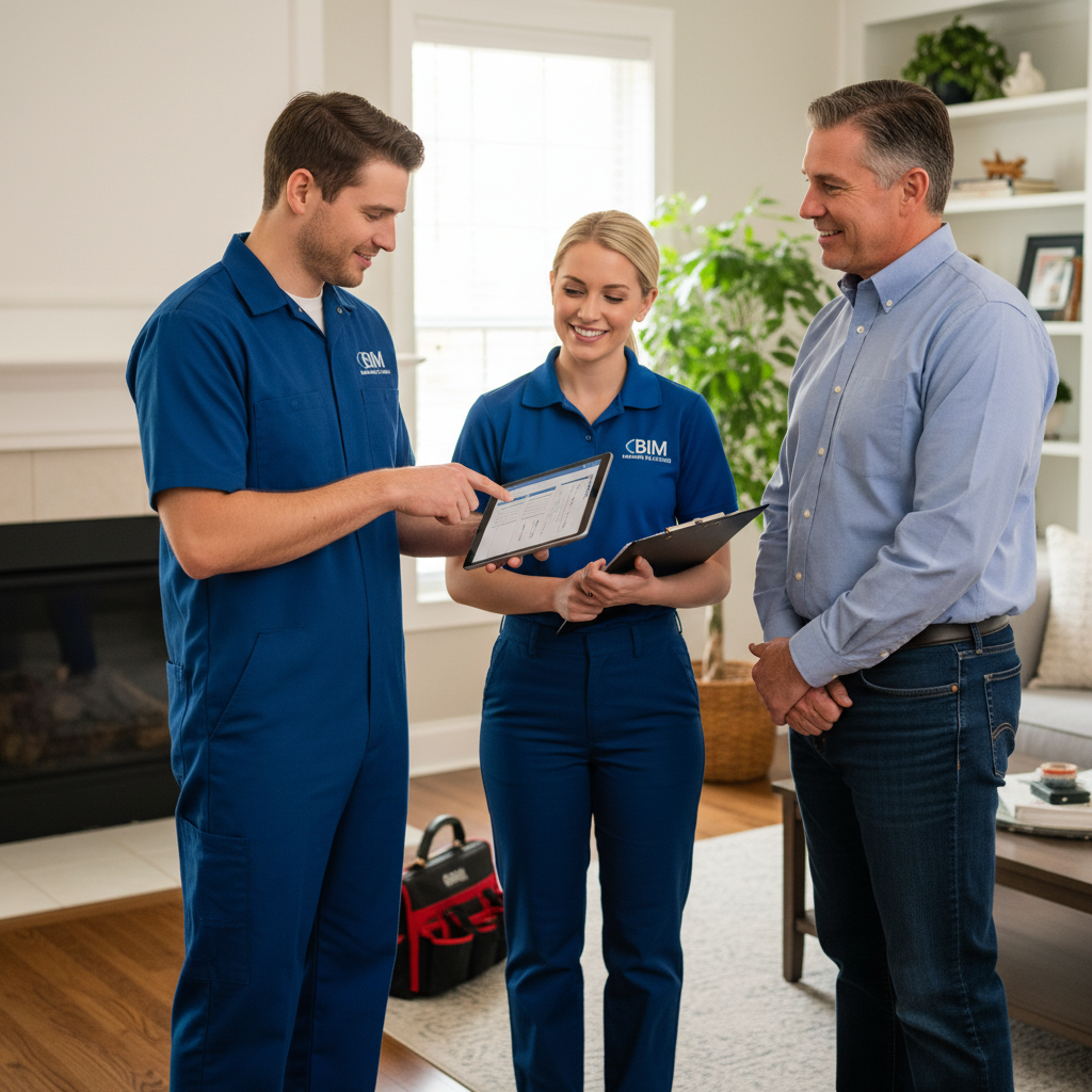 Professional BIM Heating and Cooling team discussing a service plan in a customer's Fredericksburg, Virginia home.