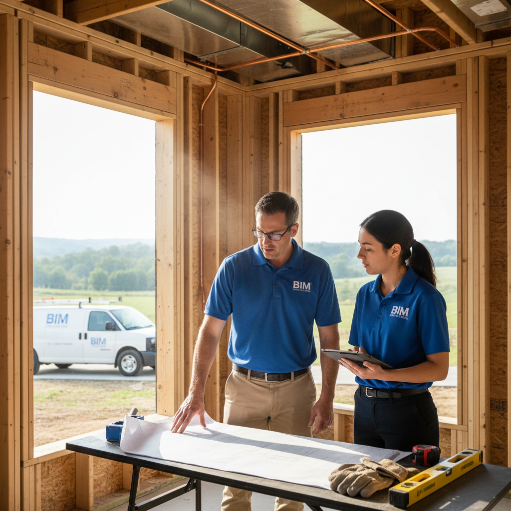 Professional BIM Heating and Cooling team members discussing HVAC installation plans at a Fredericksburg, VA client site.