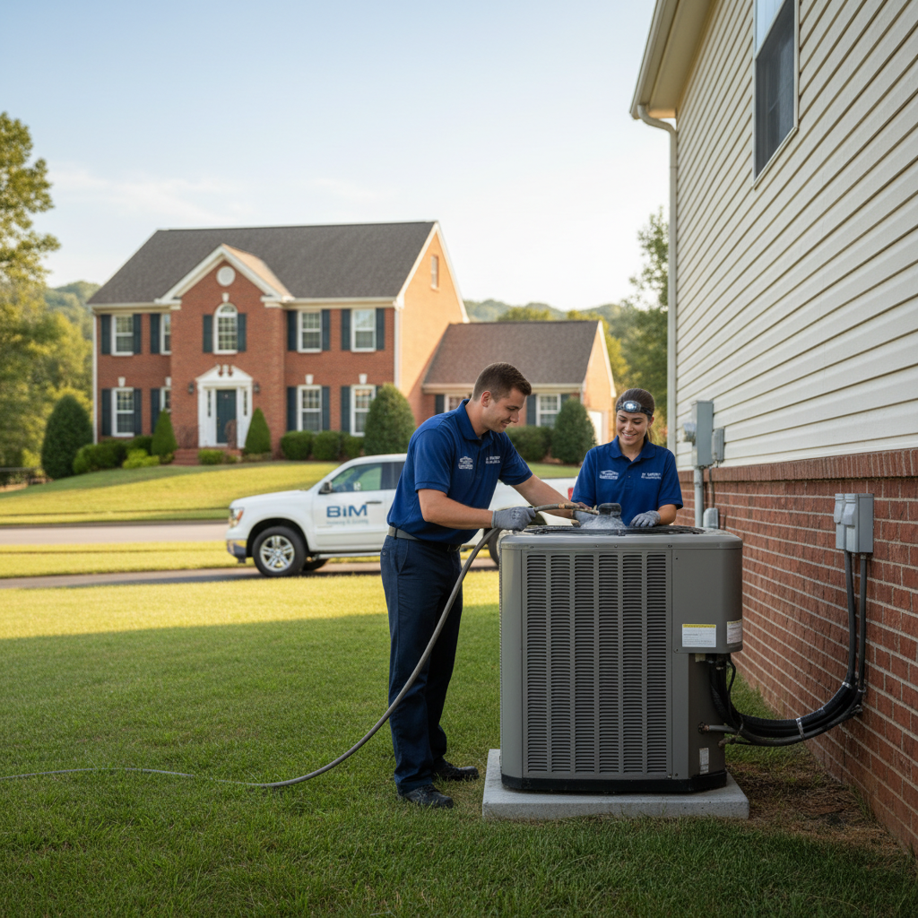Professional BIM Heating and Cooling team performing HVAC maintenance in Fredericksburg, Virginia.