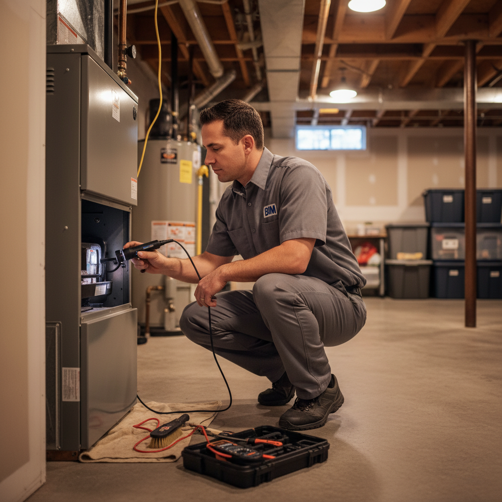 Professional BIM Heating and Cooling technician performing furnace maintenance in a Virginia basement.