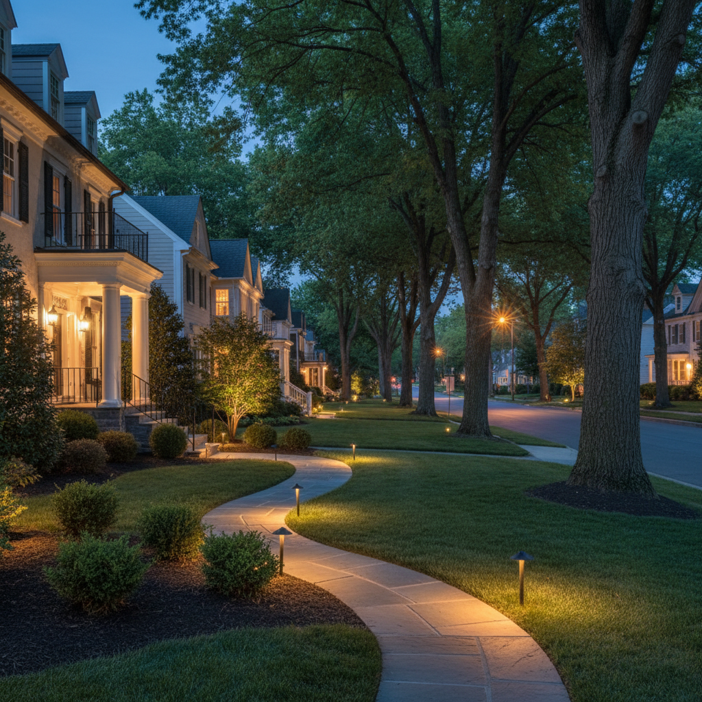 Residential street at dusk with elegant pathway and landscape lighting by a local lighting contractor in Fredericksburg, VA.