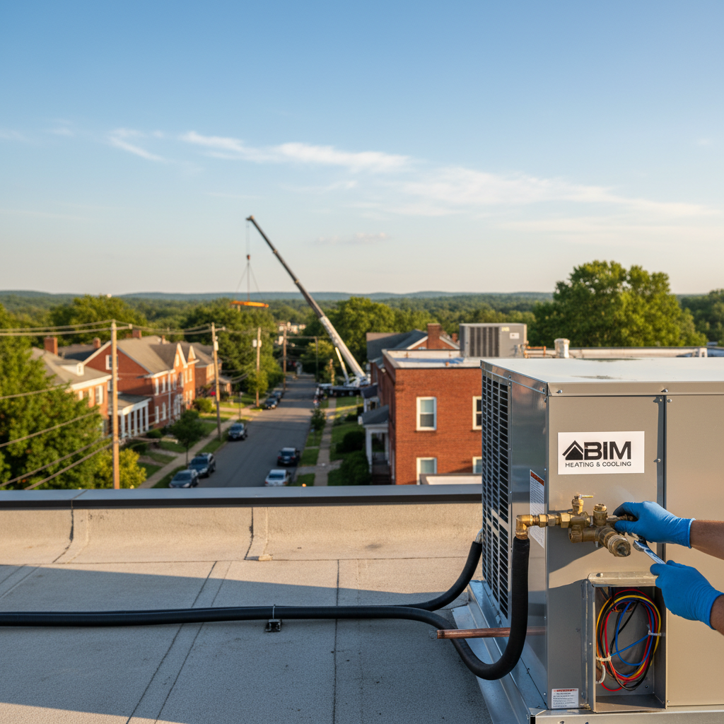 Rooftop RTU replacement in progress with technician working, showcasing reliable HVAC service in Fredericksburg, VA.