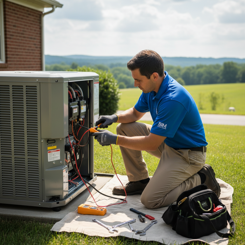 Skilled BIM Heating and Cooling professional performing AC repair in a Fredericksburg, Virginia residence.