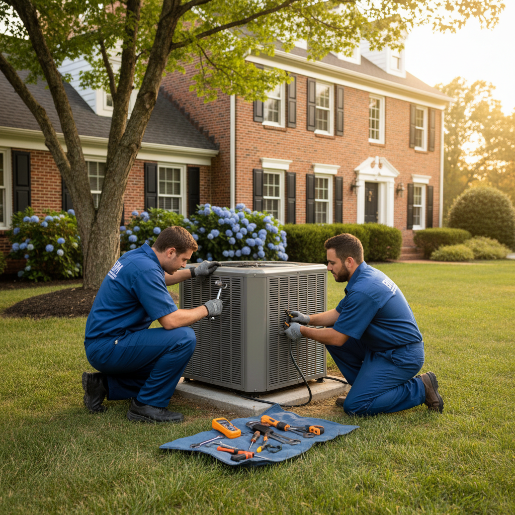 Skilled BIM Heating and Cooling team installing a new HVAC unit outside a Fredericksburg, Virginia residence.
