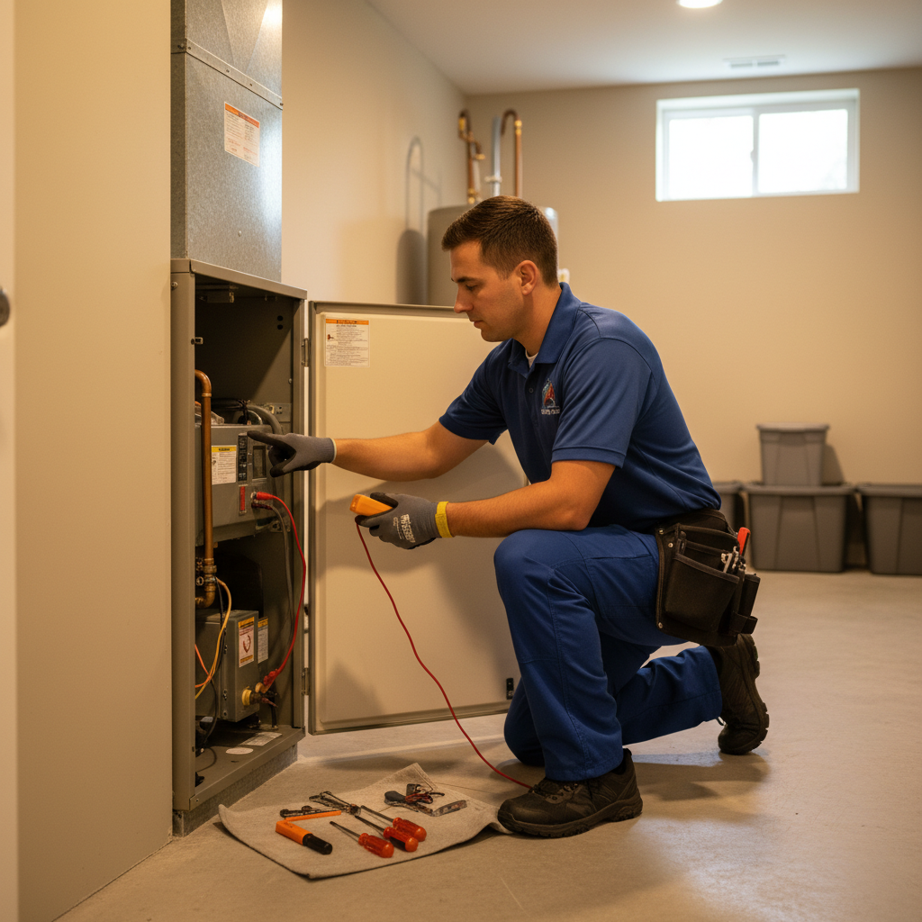 Skilled BIM Heating and Cooling technician inspecting a furnace inside a home in Fredericksburg, Virginia.