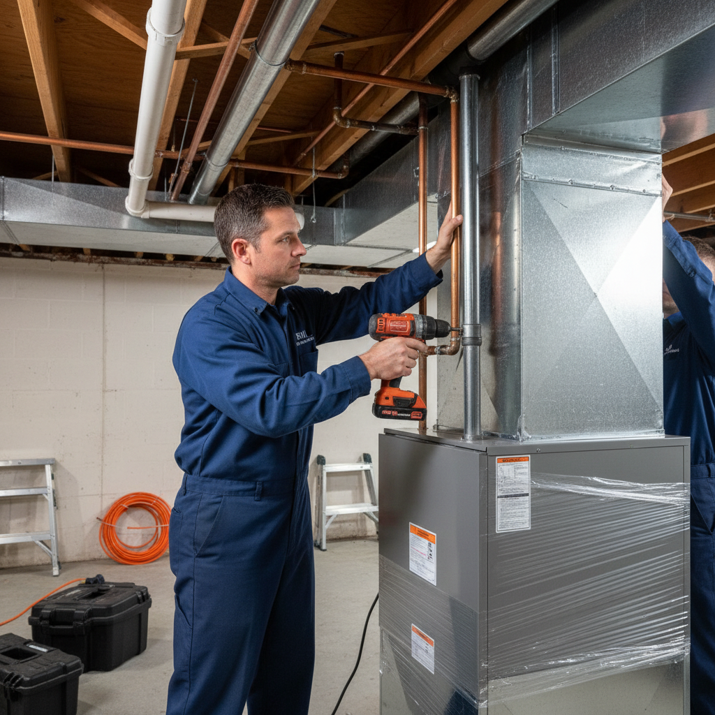 Skilled BIM Heating and Cooling technician installing a new furnace in a Fredericksburg and surrounding Virginia counties basement.