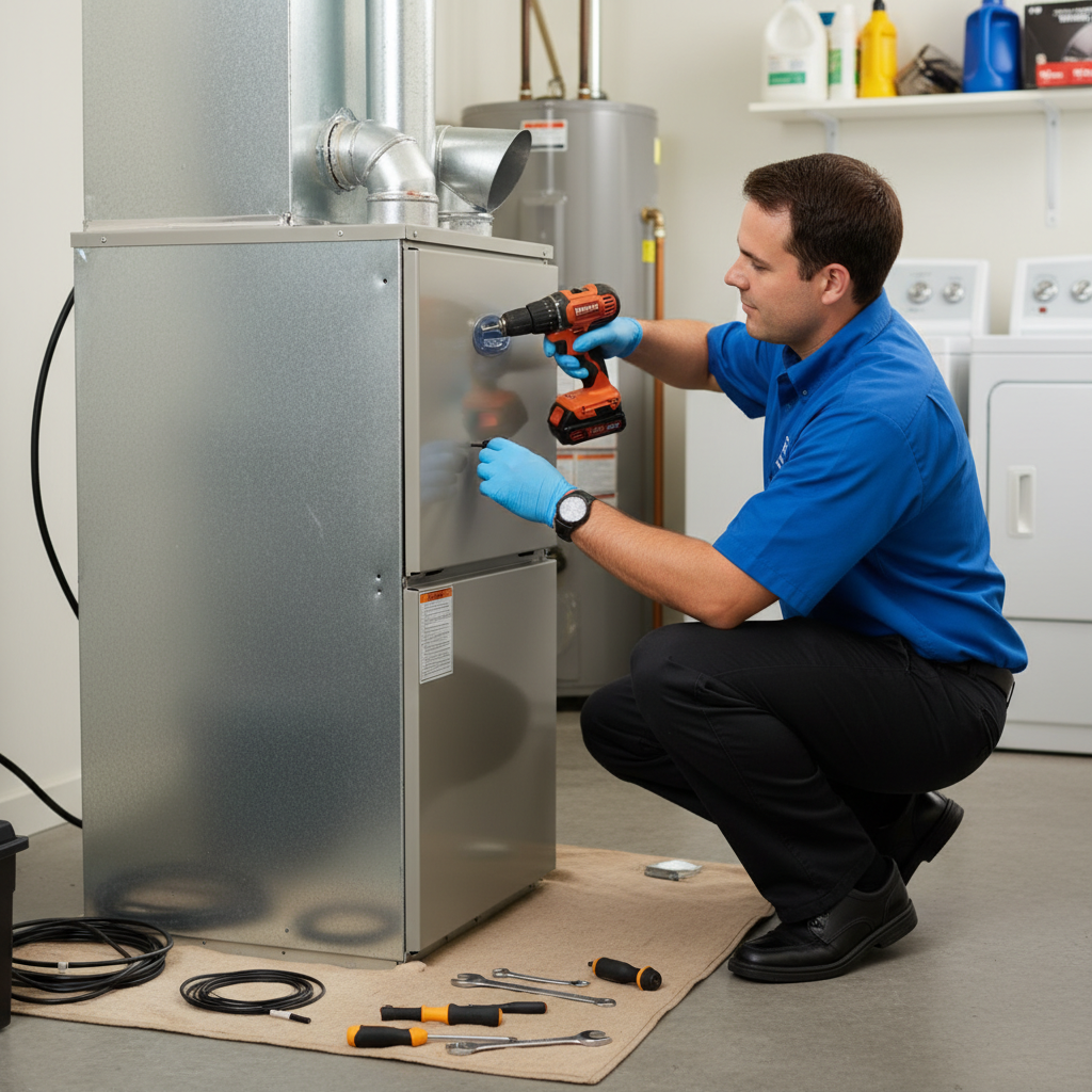 Skilled BIM Heating and Cooling technician installing a new furnace inside a Virginia home near Fredericksburg.