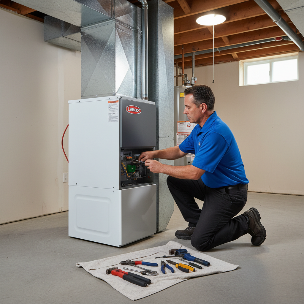 Skilled BIM Heating and Cooling technician installing a new furnace inside a Virginia home near Fredericksburg.