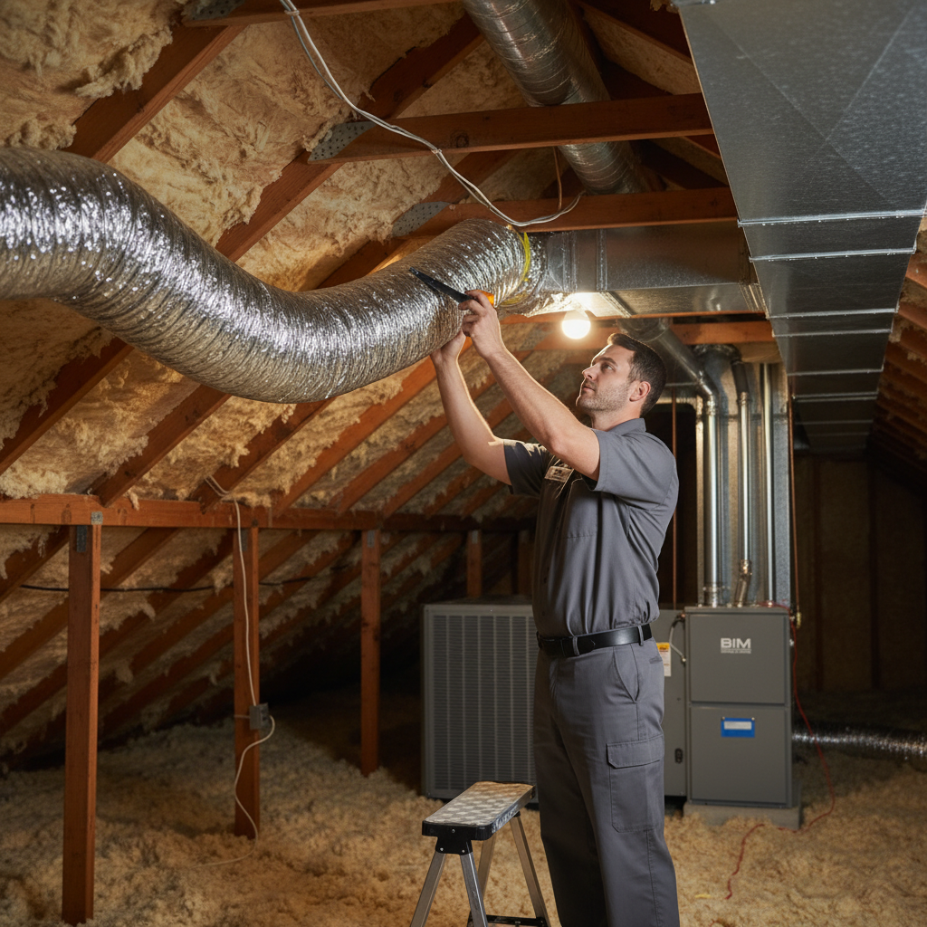 Skilled BIM Heating and Cooling technician installing new HVAC ductwork in Fredericksburg, VA.