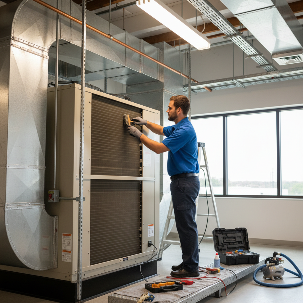 Skilled BIM Heating and Cooling technician performing HVAC maintenance in a Fredericksburg, Virginia business.